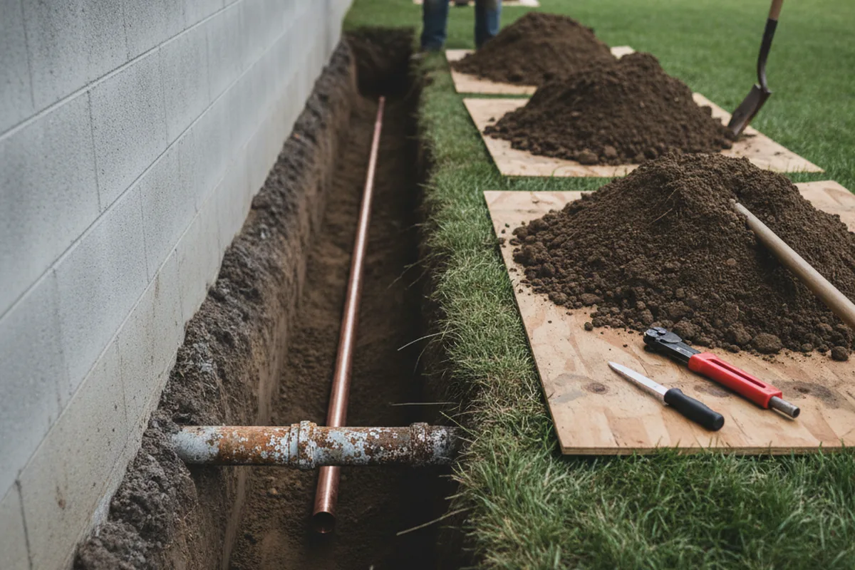 Excavated water line trench during Water Softener Installation in Biola